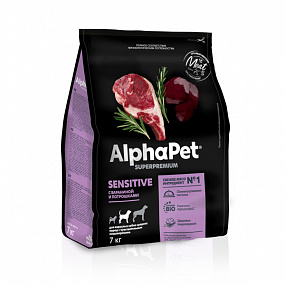 Сухой корм AlphaPet для взр. собак медиум с чув. пищ. с баран. и потр. 7 кг