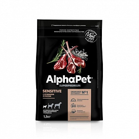 Сухой корм AlphaPet для взр. собак мини с чув. пищ. с ягн. и рисом 1,5 кг