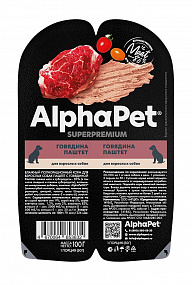 Влажный полнорационный корм для взрослых собак паштет с говядиной AlphaPet Superpremium 100г