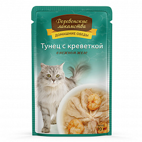 "Деревенские лакомства" конс. д/кошек «Тунец с креветкой в нежном желе», пауч 70г, шт