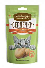 "Деревенские лакомства" д/кош. Сердечки улучшают пищеварение и выводят шерсть, 30г