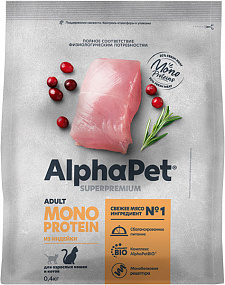 Сухой корм MONOPROTEIN из индейки для взрослых кошек AlphaPet Superpremium 0,4 кг