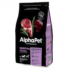 Сухой корм AlphaPet для взр. собак медиум с чув. пищ. с баран. и потр. 2 кг